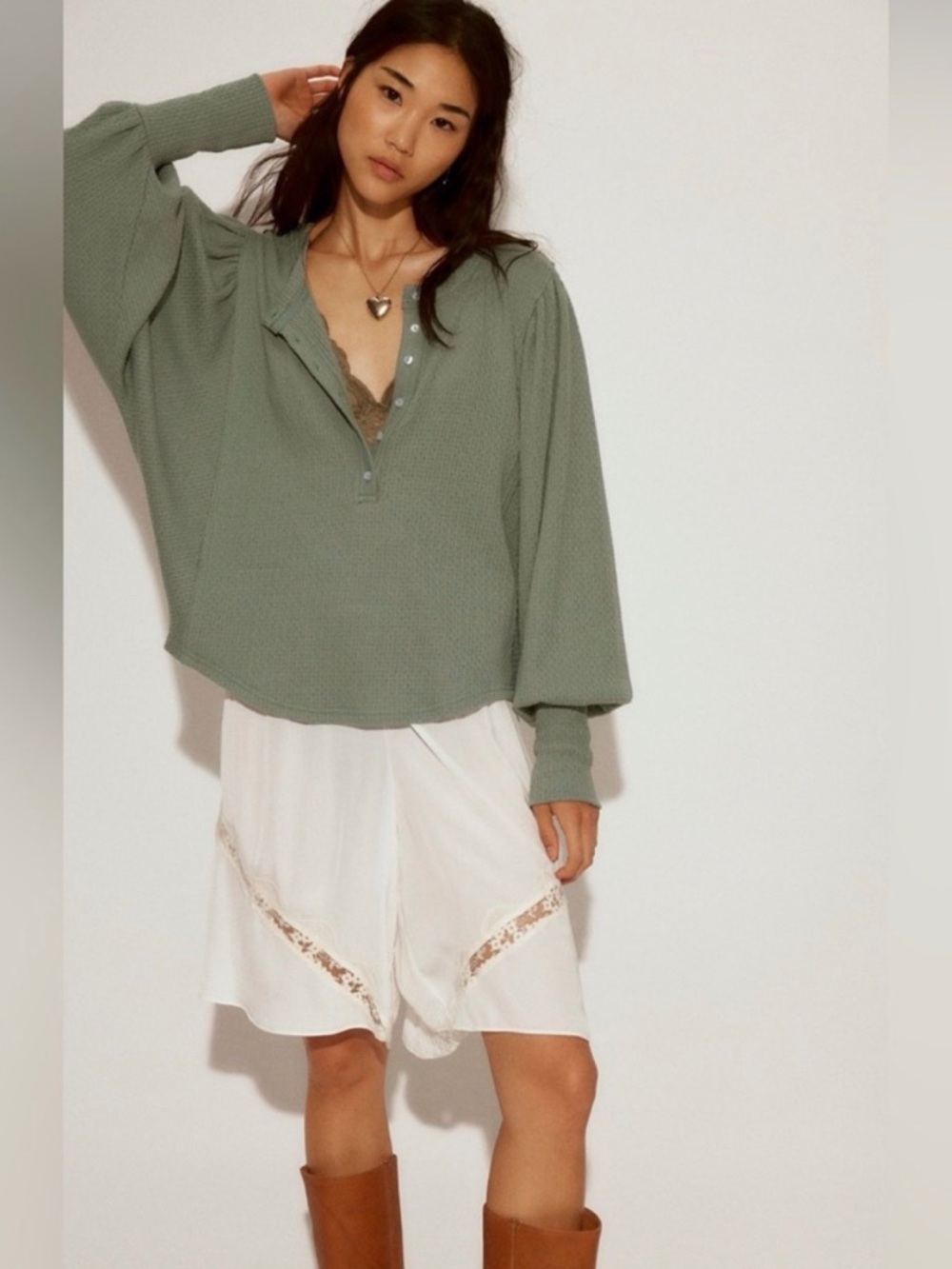 NWT Free People Sage Waffle Henley with Puff Shoulders
